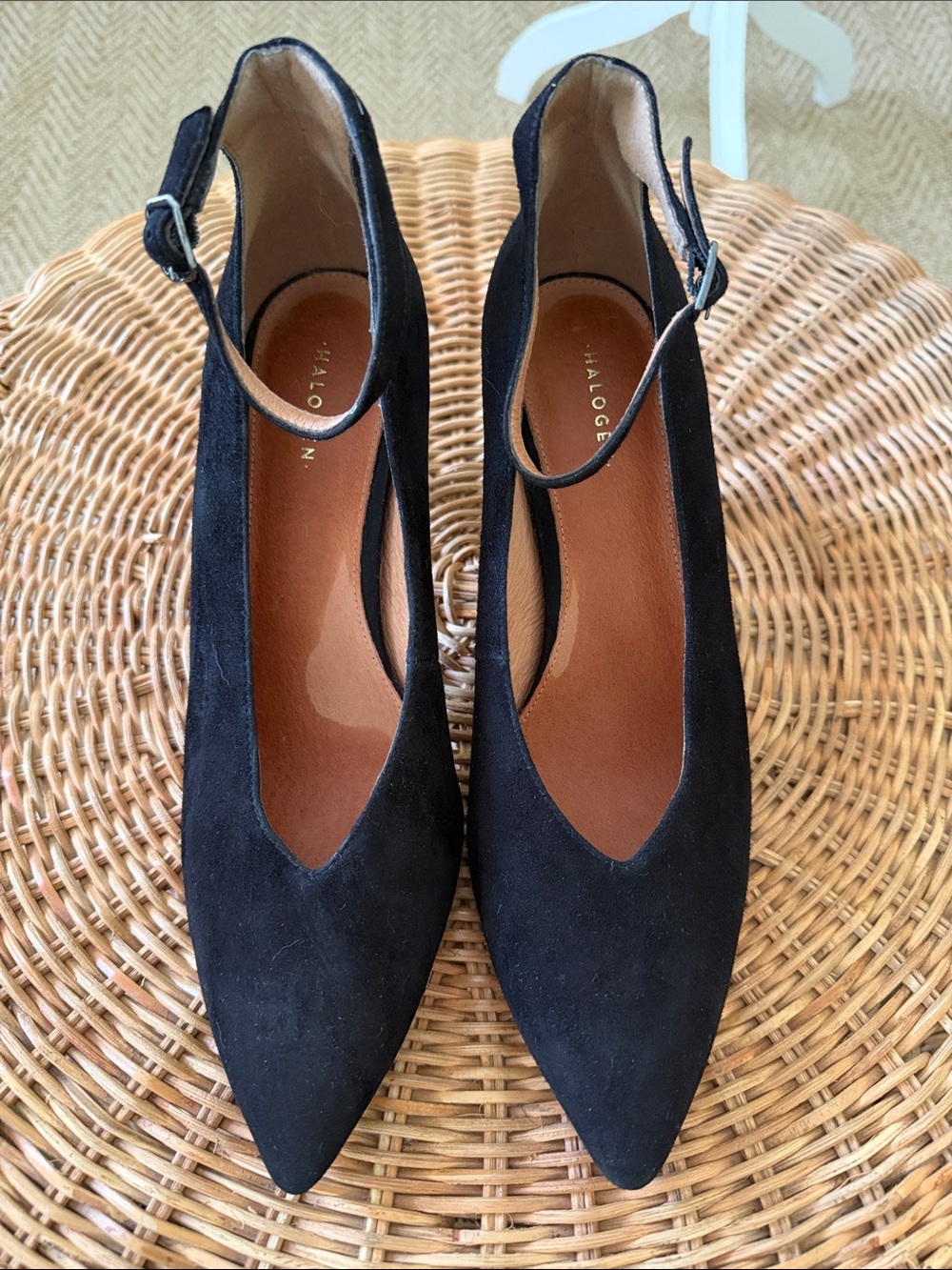 Halogen Black Suede Pointed Ankle-Strap Pumps
